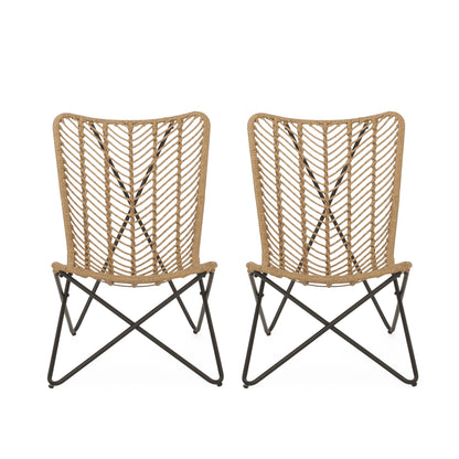 Wicker Chair With Geometric Cross Base (Set of 2) - Light Brown