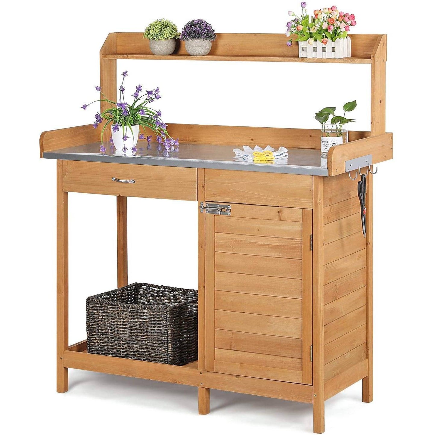 Natural Fir Wood Potting Bench with Galvanized Steel Table Top