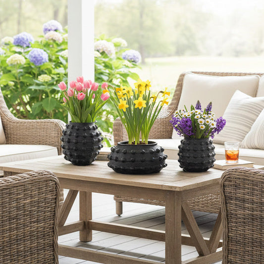 Handcrafted Textured Outdoor Matte Black Planters, Set of 3