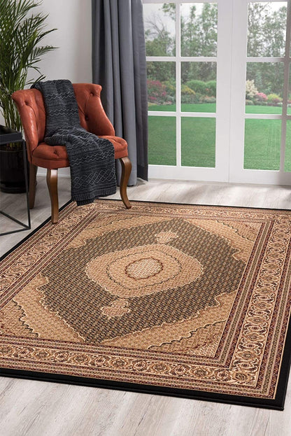 10' Runner Beige and Black Medallion Power Loom Runner Rug